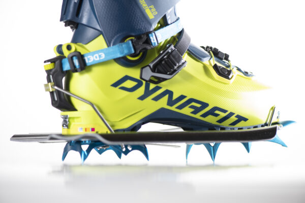 Cramplifier side view mounted on ski boot with edelrid Shark Lite crampon